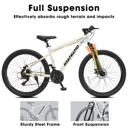 White mountain bike with front suspension fork, knobby tires, and disc brake