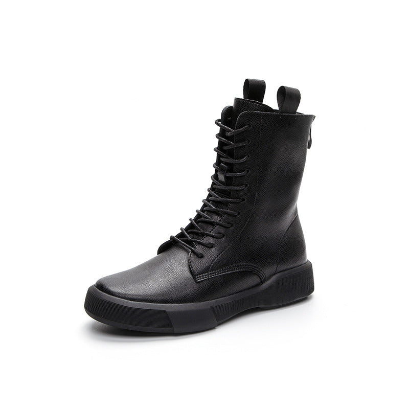 Retro Flat Heel Low Leather Boots - Soft Sole & Lace-Up Flat Heel Retro Low Leather Boots Soft B | Ectron Online