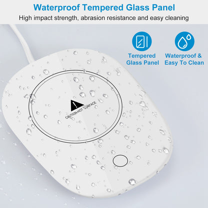 Waterproof tempered glass panel over round heated mug warmer base