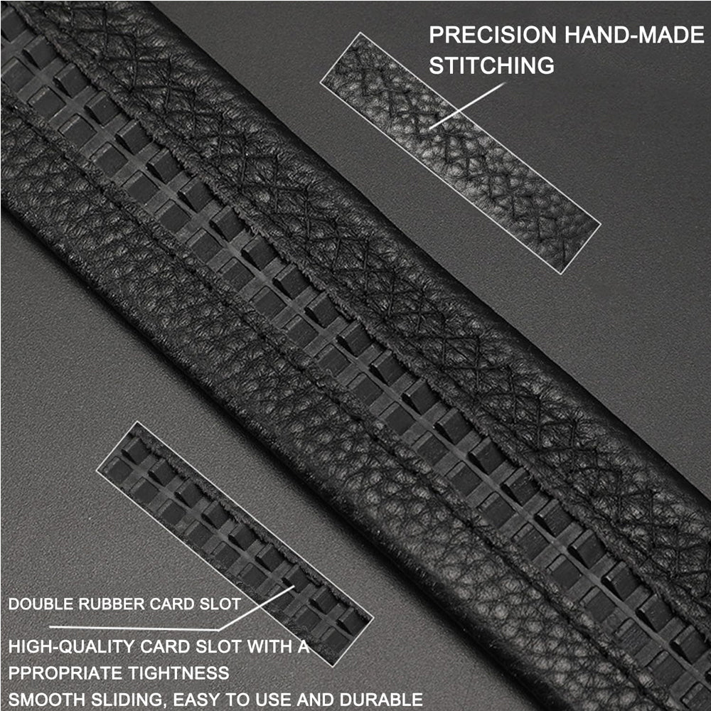 Men’s business casual automatic belt with black textured strap and decorative grid stitching