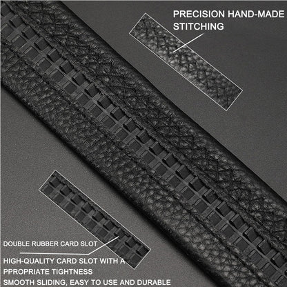 Men’s business casual automatic belt with black textured strap and decorative grid stitching