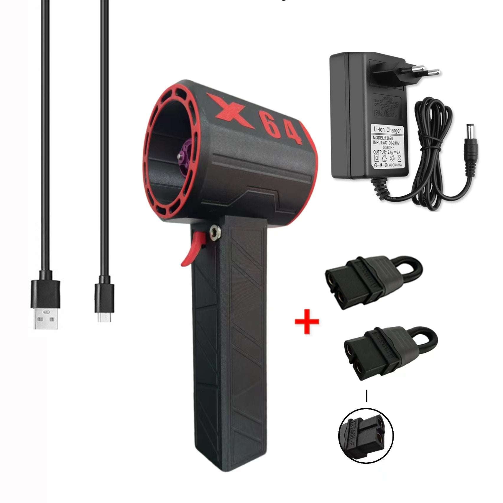 Black handheld device with red accents, power adapter, and cables on a white background