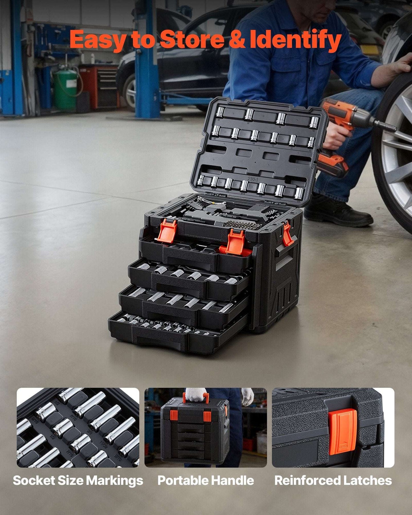 Portable black socket kit case with open compartments and orange latch grips
