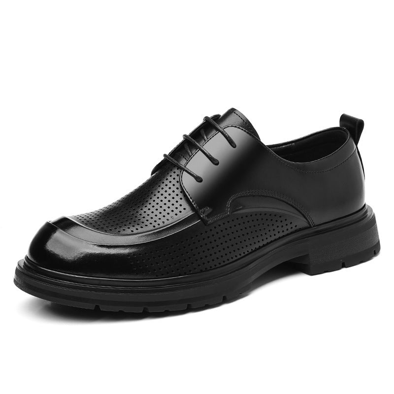 Men's black leather lace-up business shoe, perforated toe detail and rubber sole