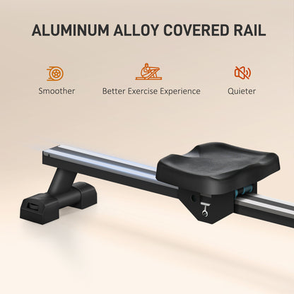 Aluminum alloy covered rail with black seat and slider base on rowing machine