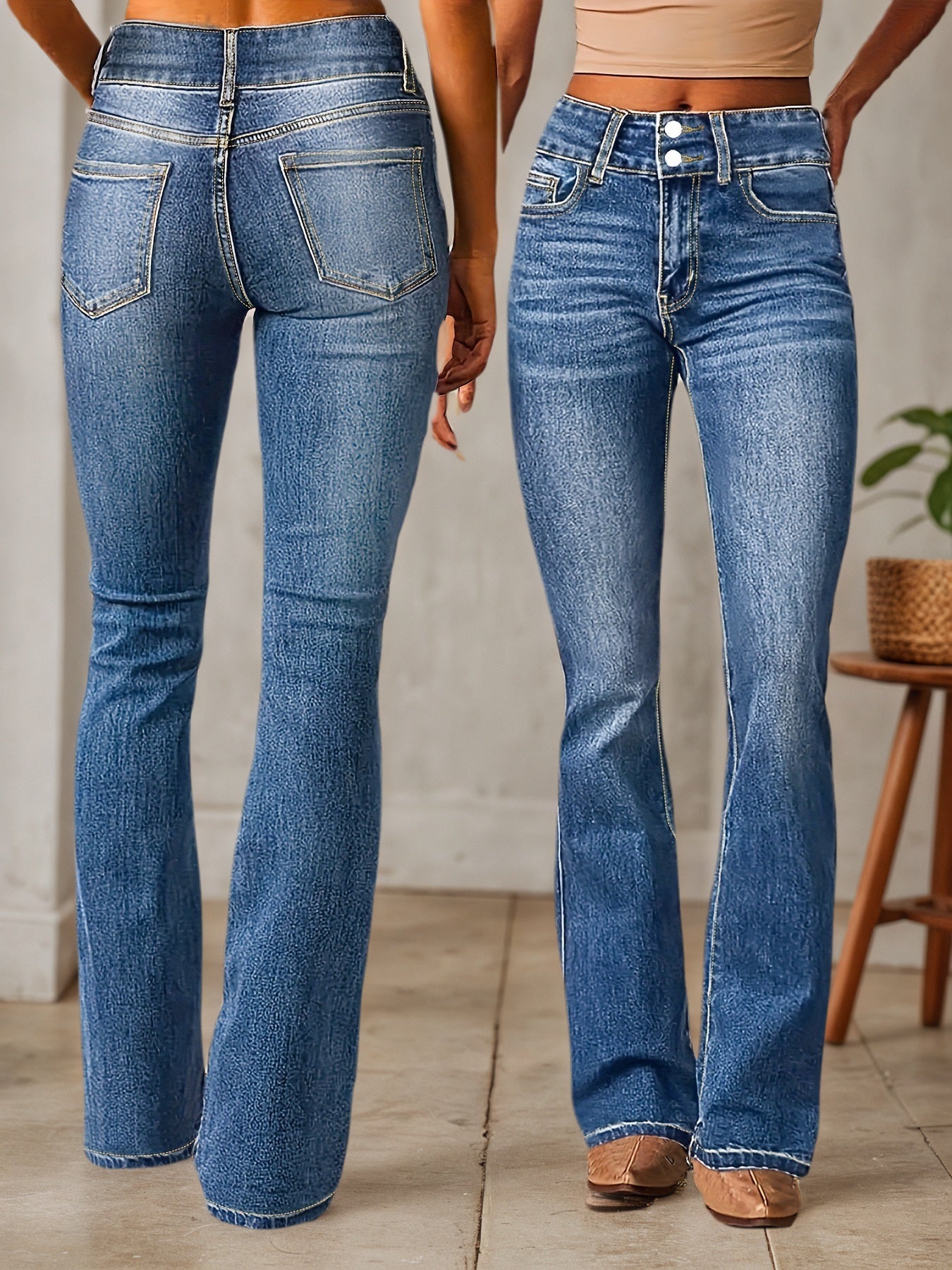 Blue high-waisted jeans with slight flare; front and back views, button closure and pockets