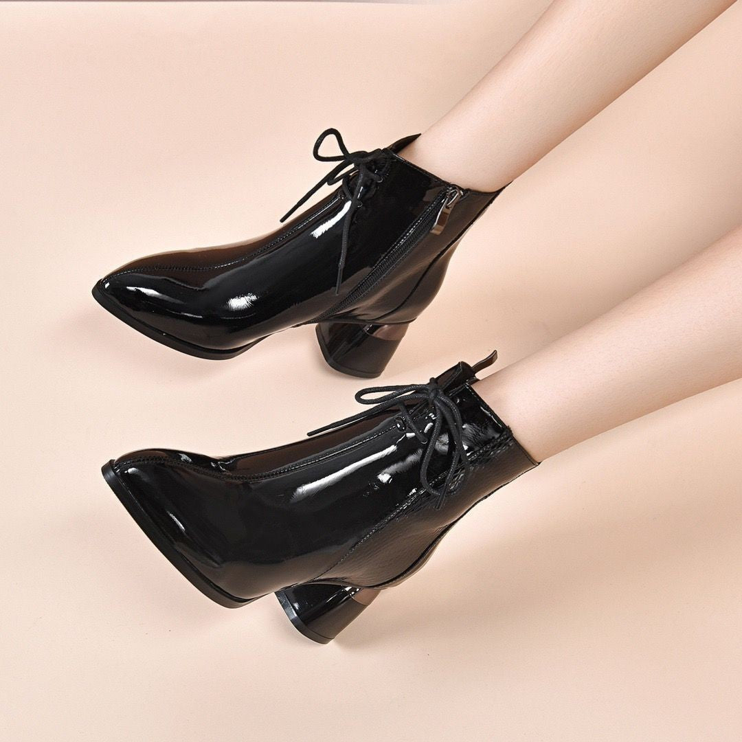 Chunky Heel Pointed Toe Mid Heel Elegant Martin Boots Patent Leather Women