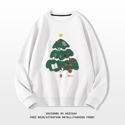 White sweatshirt with a Christmas tree design on a white background