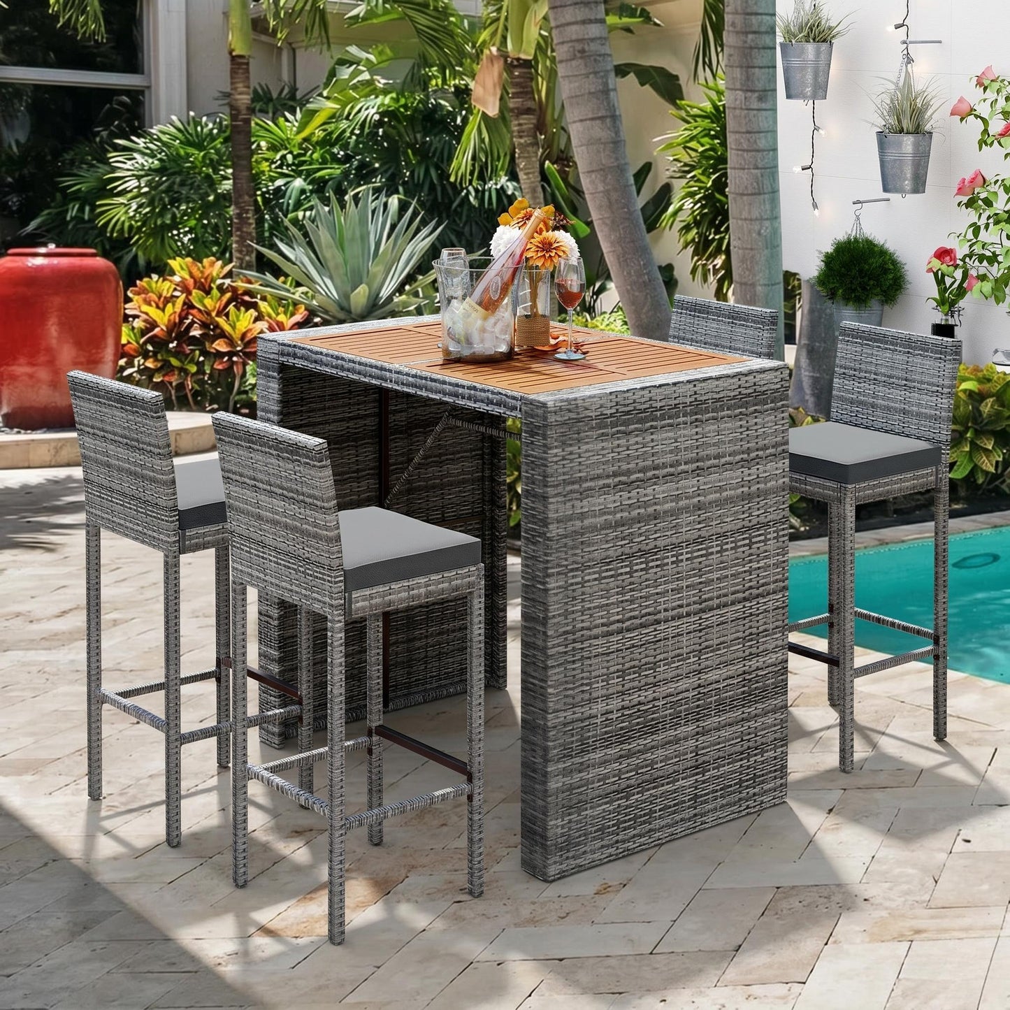 5-Piece Outdoor Patio Wicker Bar Set - Acacia Wood Top & Gray Wicker