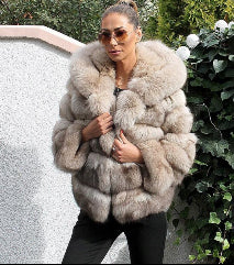 Women's Minimalist Patchwork Fur Jacket | Hooded Faux Fur Grass Coat Women's Minimalist Hooded Patchwork Fur | Ectron Online