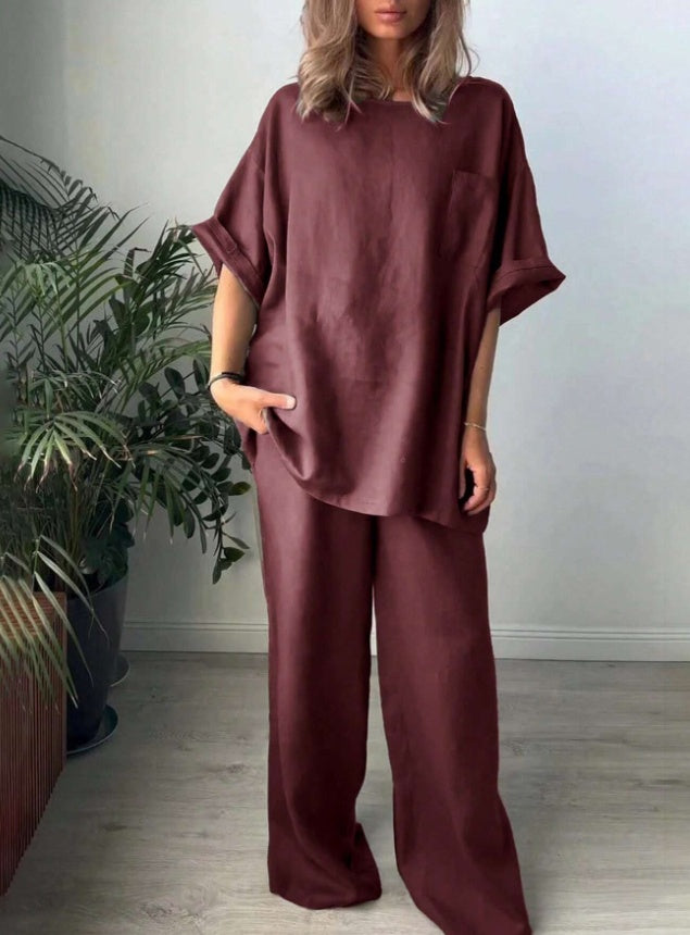 Women’s 2pcs Solid Colour Crew Neck Top & Long Pants Set 2pcs Women Solid Color Crew Neck Short S | Ectron Online