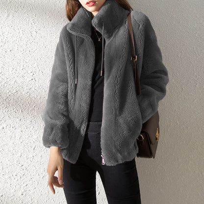 Women's Double-Faced Fleece Cardigan Double Faced Fleece Warm High Neck Sweat | Ectron Online