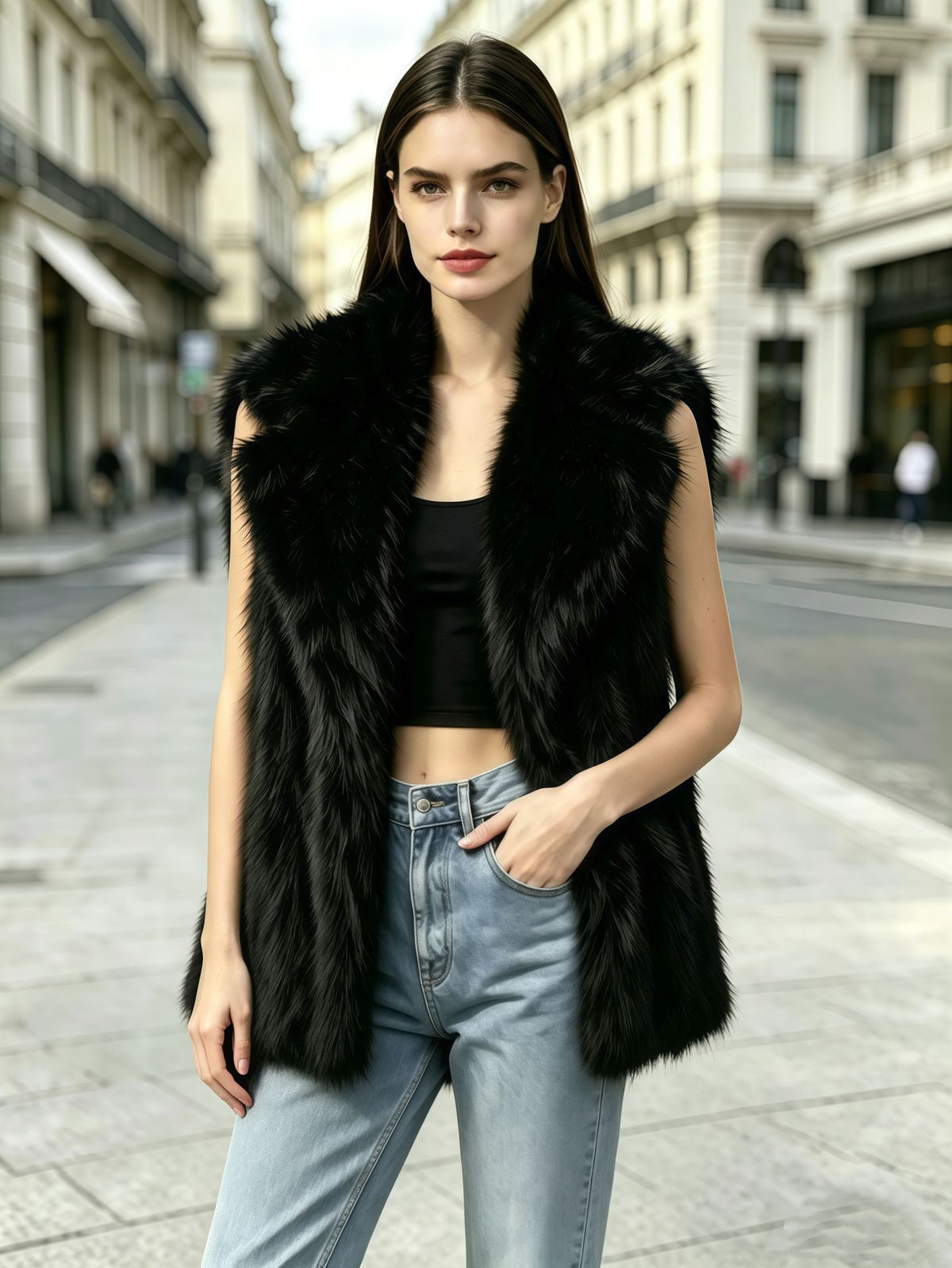 Black sleeveless faux fur vest with wide suit-collar, open front