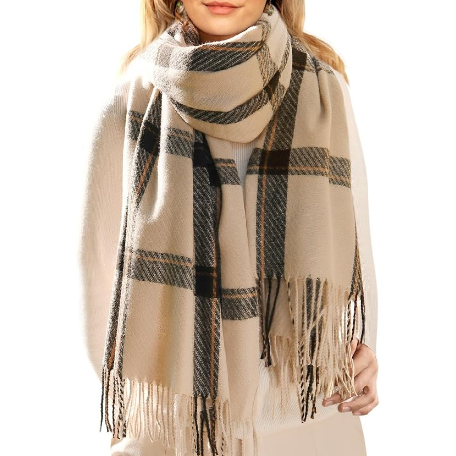 Womens oversized plaid scarf wrap in white, black, and gray with fringe tassels