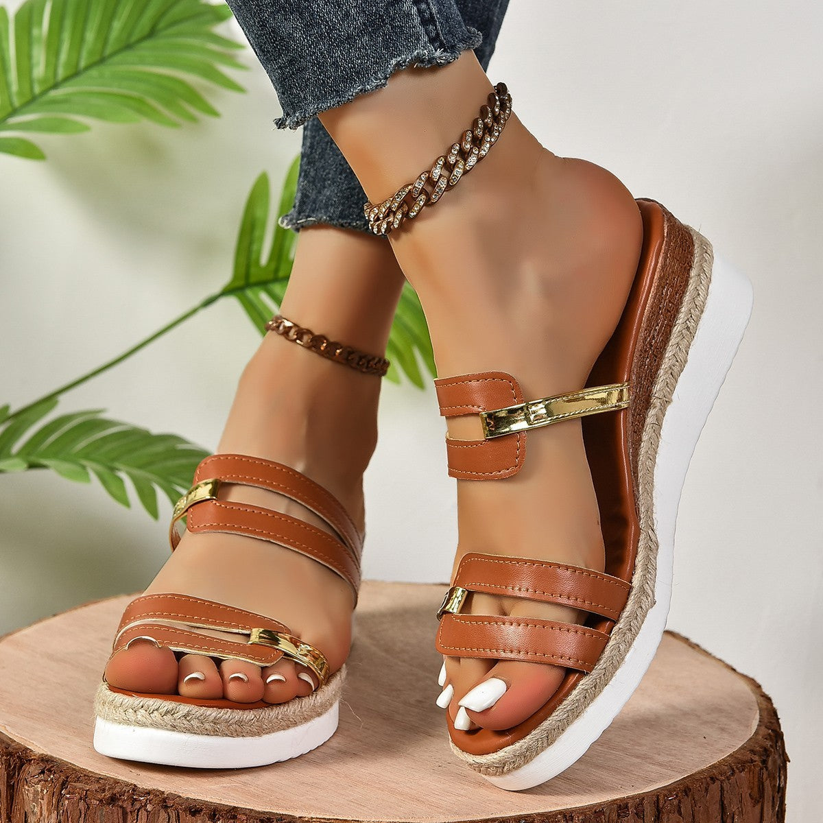 Colorblock-strap Wedges Sandals Summer Fashion Hemp Heel Slides Slippers Outdoor Thick Bottom Fish Mouth Shoes For Women Colorblock-strap Wedges Sandals Summer F | Ectron Online