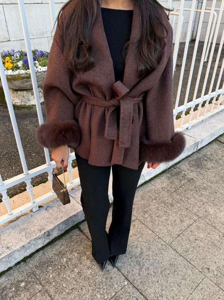Furry Sleeves Long Coat - Elegant Warm Overcoat Style Furry Sleeves Overcoat Long Coat | Ectron Online