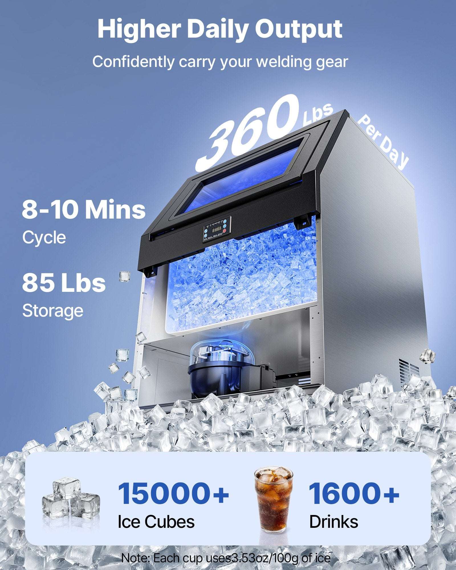 Black commercial ice maker producing ice, with clear front viewing window