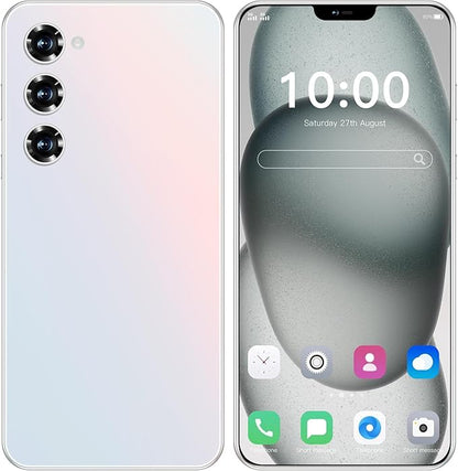 White smartphone front and back view with curved display and triple rear cameras