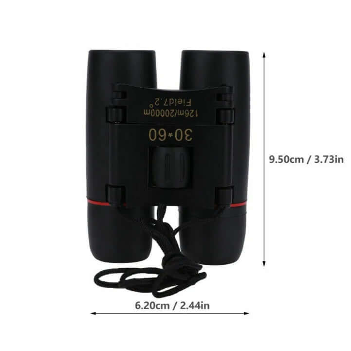 Black binoculars with orange lenses and neck strap, compact folded body