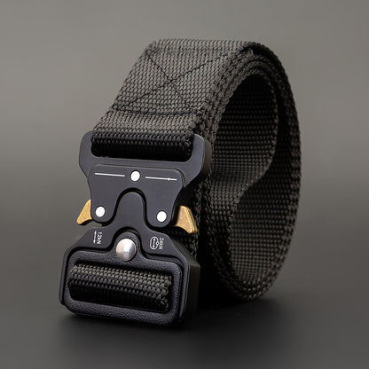 Men's Outdoor Nylon Elastic Buckle Belt Work Clothes Belt in plain black with secure buckle and durable fabric.