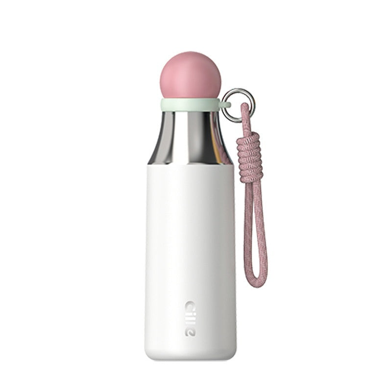 Insulated thermos mug with pink lid, stainless steel body, and loop carry cord.