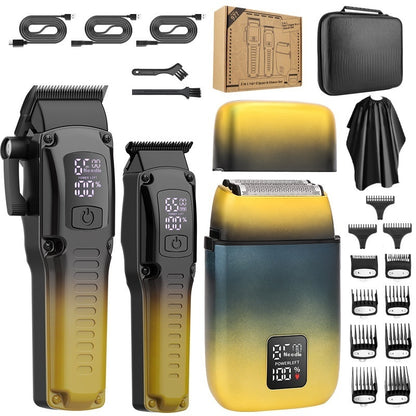 Hair trimmer set with attachments and packaging on a white background