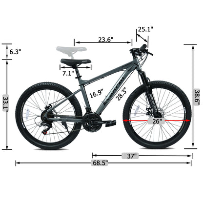 Mountain bike with dimension diagram and 26-inch wheel shown