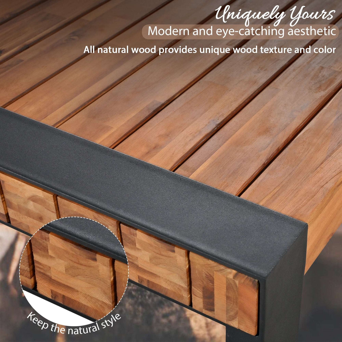 Acacia wood dining bench with black seat cushion and dark metal frame