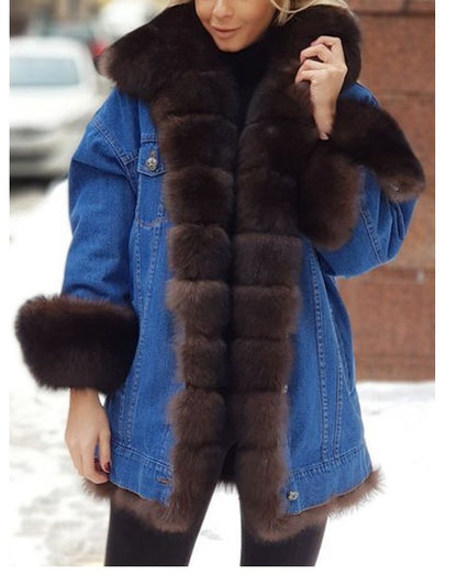 Women's Fur-Lined Denim Long Coat | Luxury Jean Overcoat with Fur Ladies Fur One Denim Long Long Sleeve Co | Ectron Online
