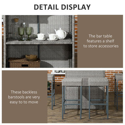 Gray rattan backless bar stools with cushioned seats and bar table shelf storage
