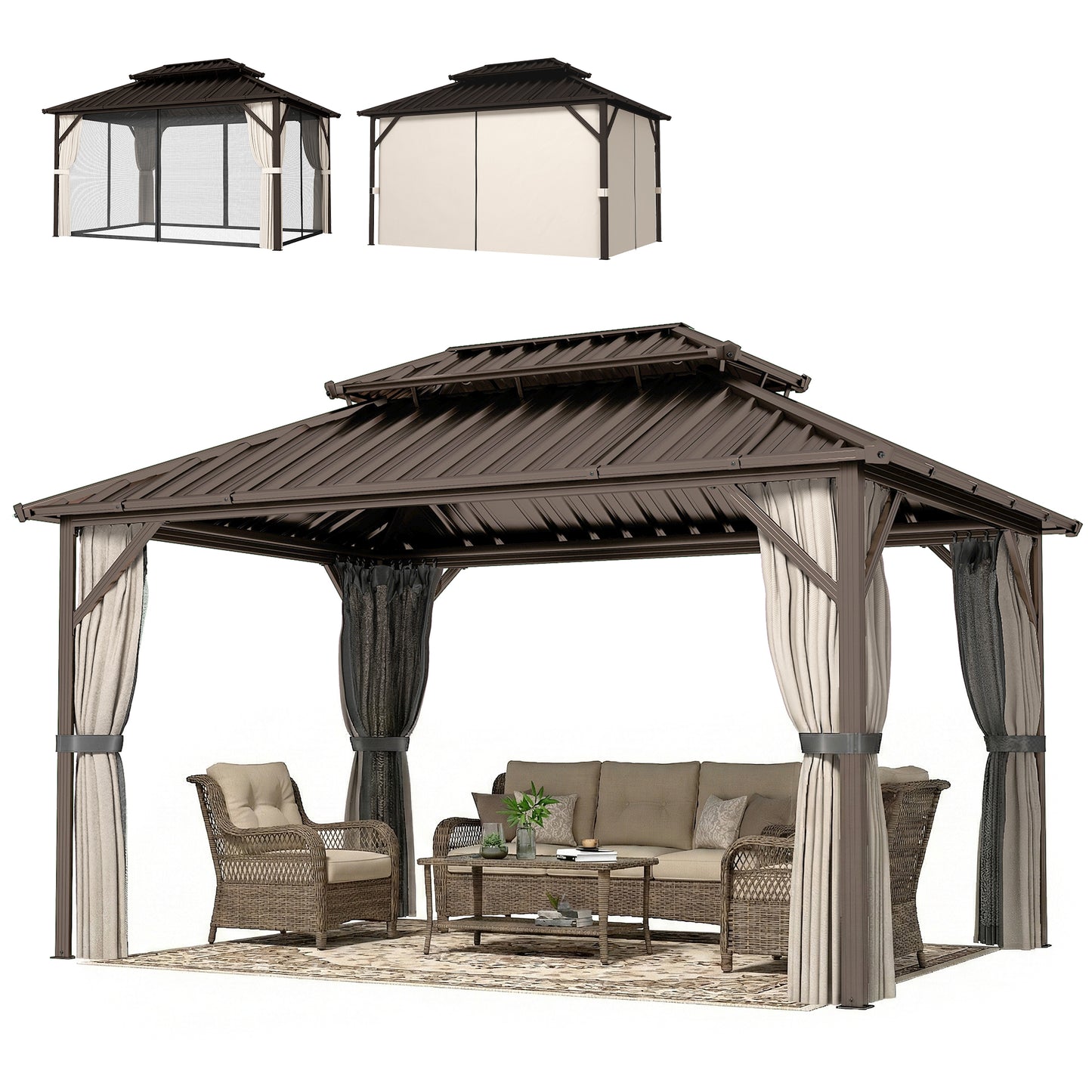 Brown hardtop gazebo with dark roof, hanging curtains, and outdoor sofa seating set