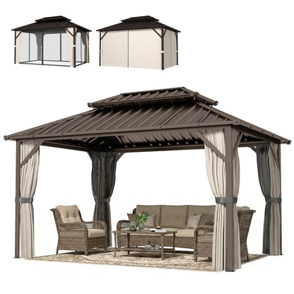 Brown hardtop gazebo with dark roof, hanging curtains, and outdoor sofa seating set