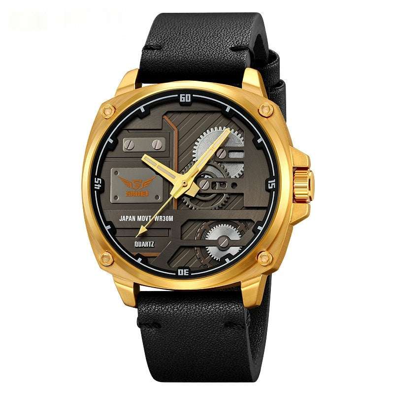 Exposed-gear quartz watch with black leather strap and gold-tone case