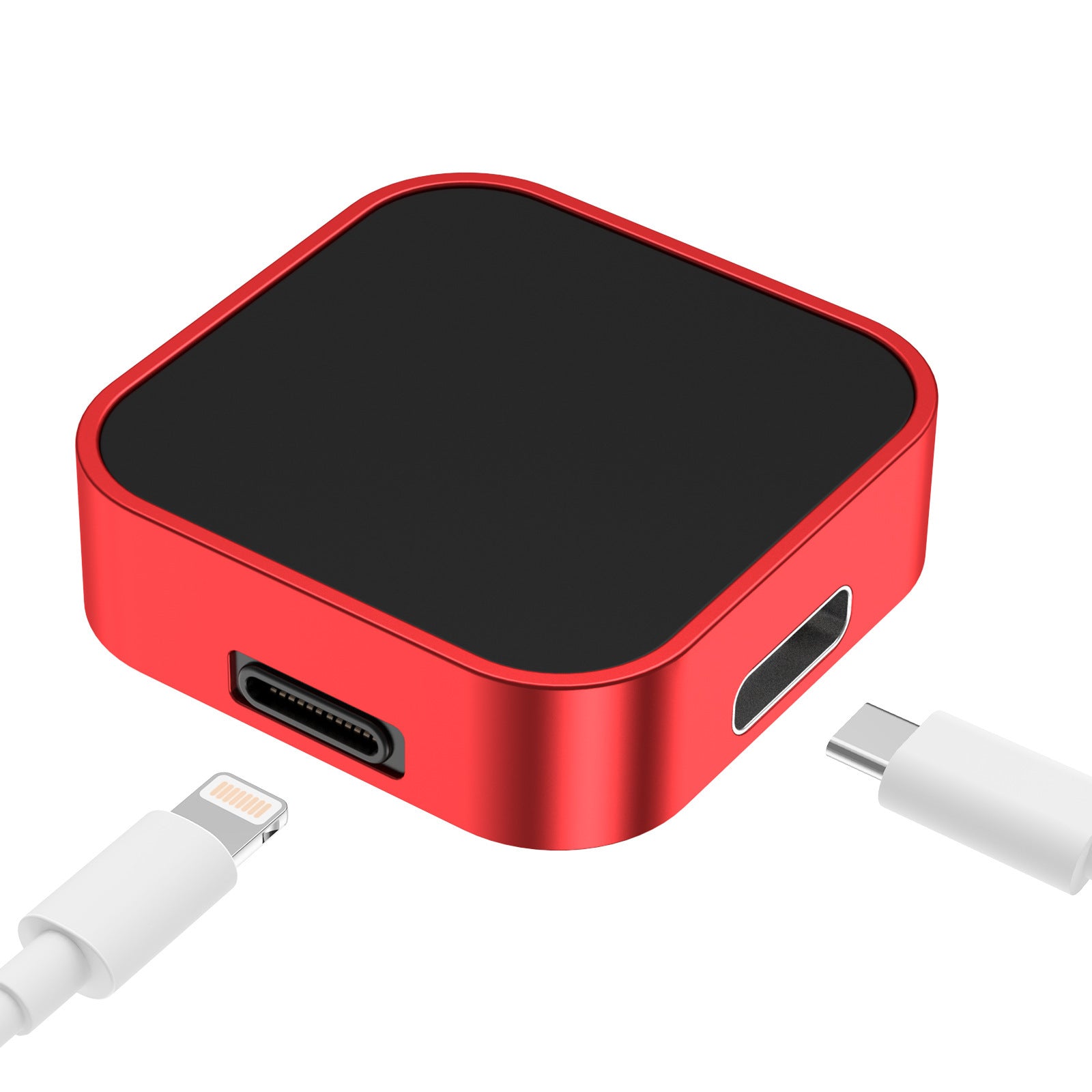 Red wireless watch charger with USB-C and Lightning connectors