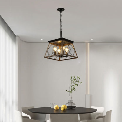 Black 4-light farmhouse chandelier with geometric cage frame and four exposed bulbs