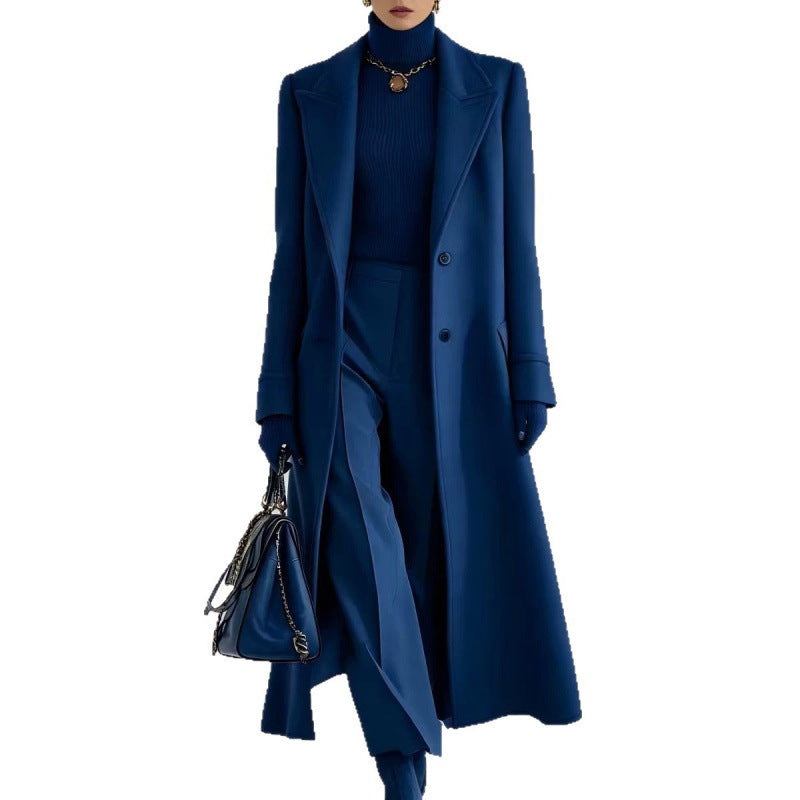 Women’s mid-length wool coat, navy blue, notched lapels, button front, side pockets