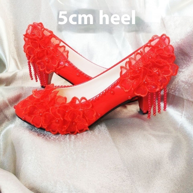 Shoes Korean Style - Flower Rhinestone Tassel Bride Male Lace High-heeled Shoes Korean Style | Ectron Online