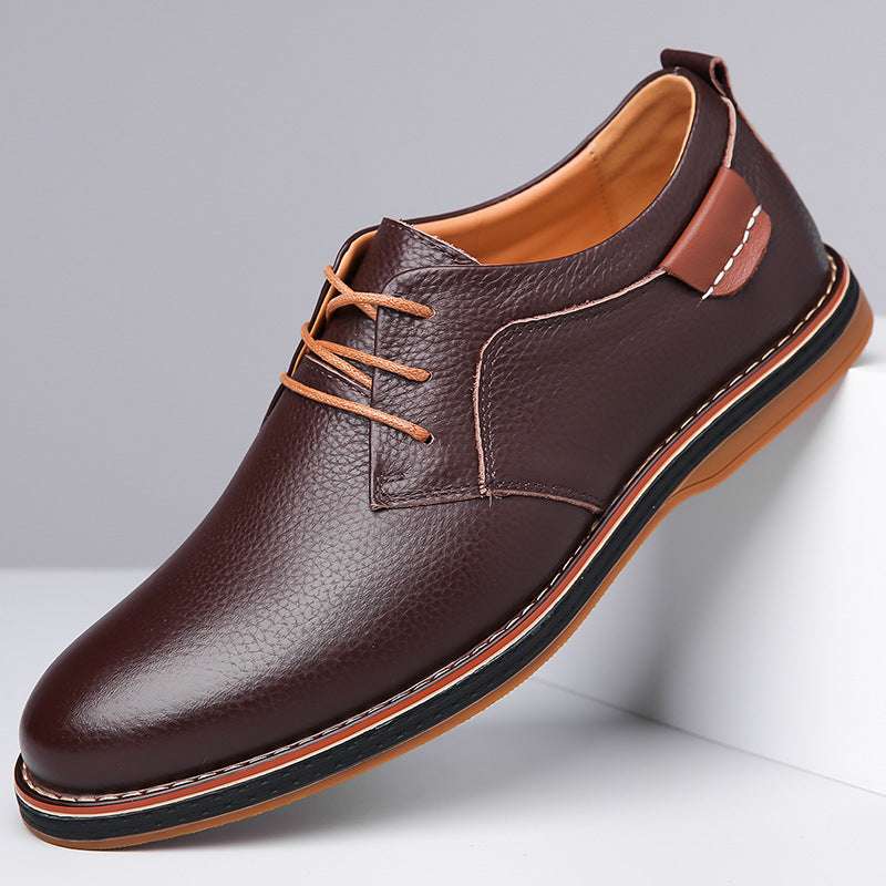 Men's brown leather business casual shoes with lace-up front and tan lining