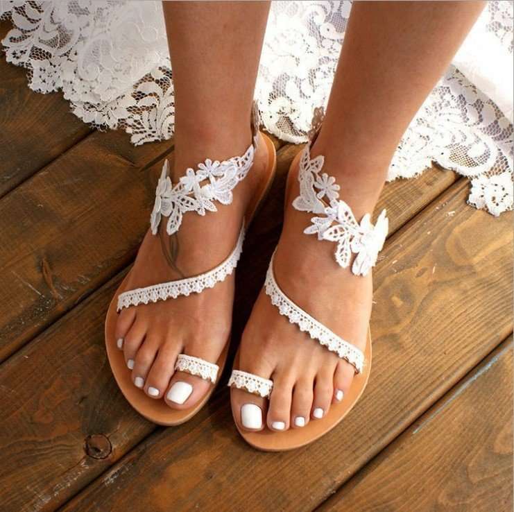 Bohemian Lace Sandals – Floral Ankle Strap Flat Beach Shoes Lace Sandals Bohemia Beach Shoes Flowers | Ectron Online