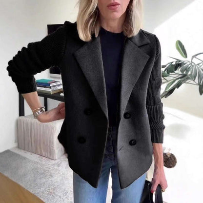 Women's Double Breasted Splicing Coat with Knitted Sleeves Double Breasted Lapel Jacket Fashion Kni | Ectron Online