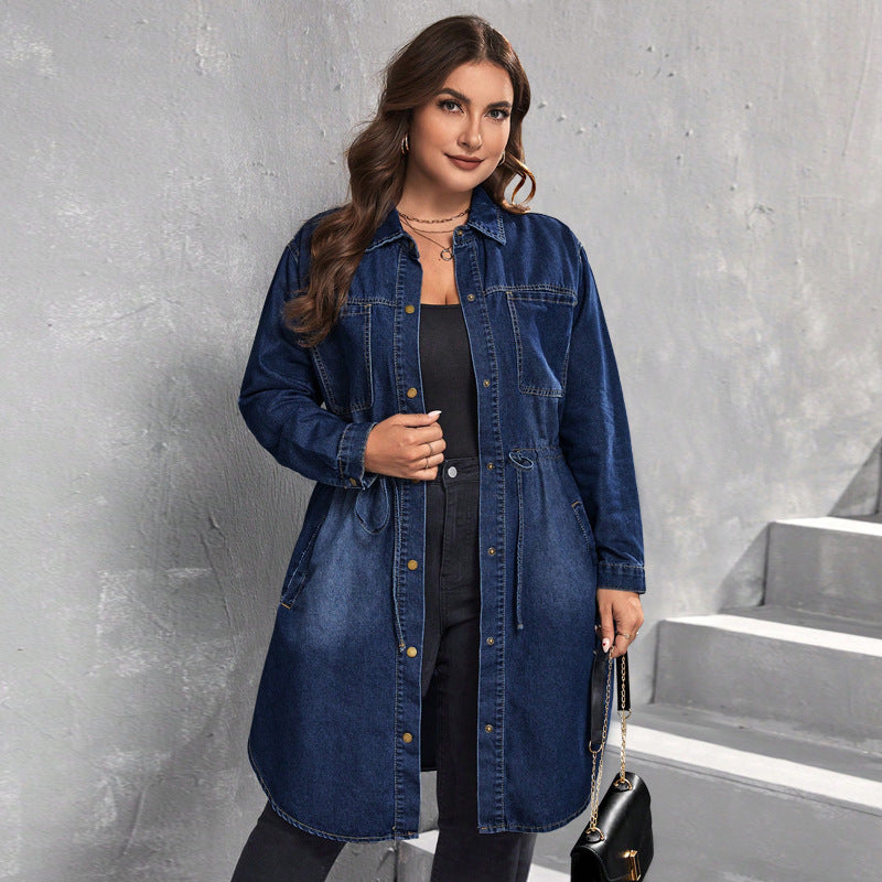 Dark blue denim blouse jacket with open collar, button placket, and side slits