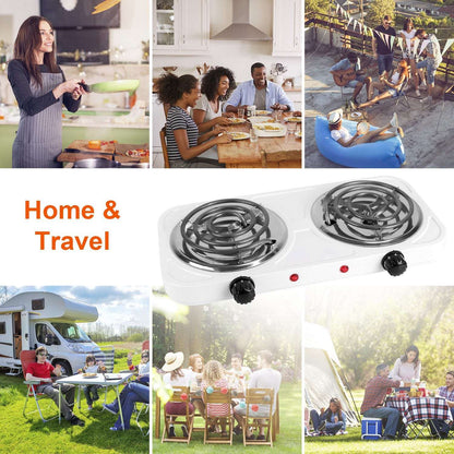 Portable electric double burner hot plate stove shown in home and travel use