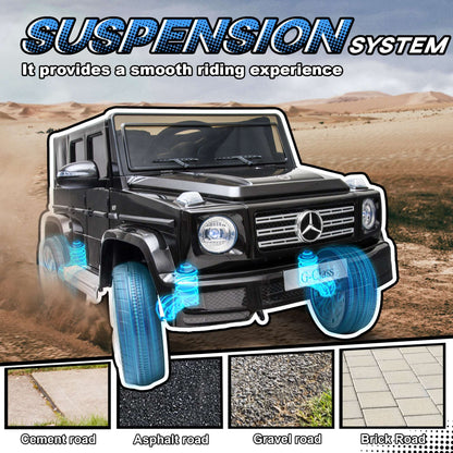 Black kids electric G-Wagon ride-on showing suspension system and wheel movement
