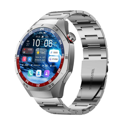 Silver metal bracelet smartwatch with blue watch face and camera lens
