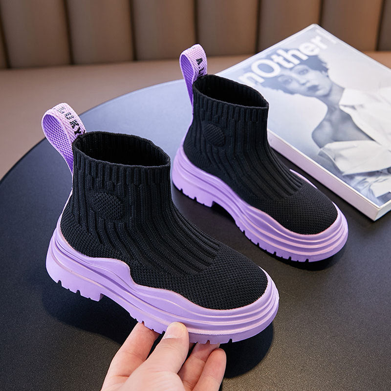 Black high-top knitted sock boots with purple outsole; purple heel pull tabs