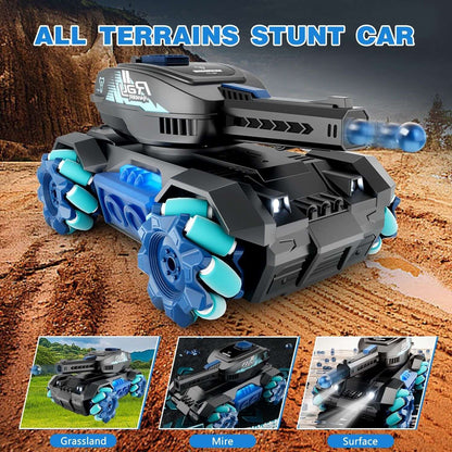 RC stunt tank toy with front launcher; dark gray body and light-blue wheels