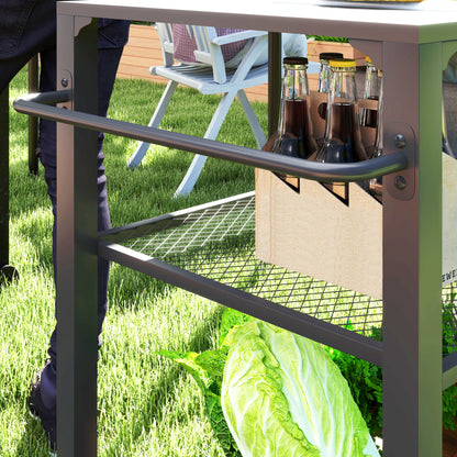 Black side-mounted shelf on 3-tier grill cart with wire rack and casters