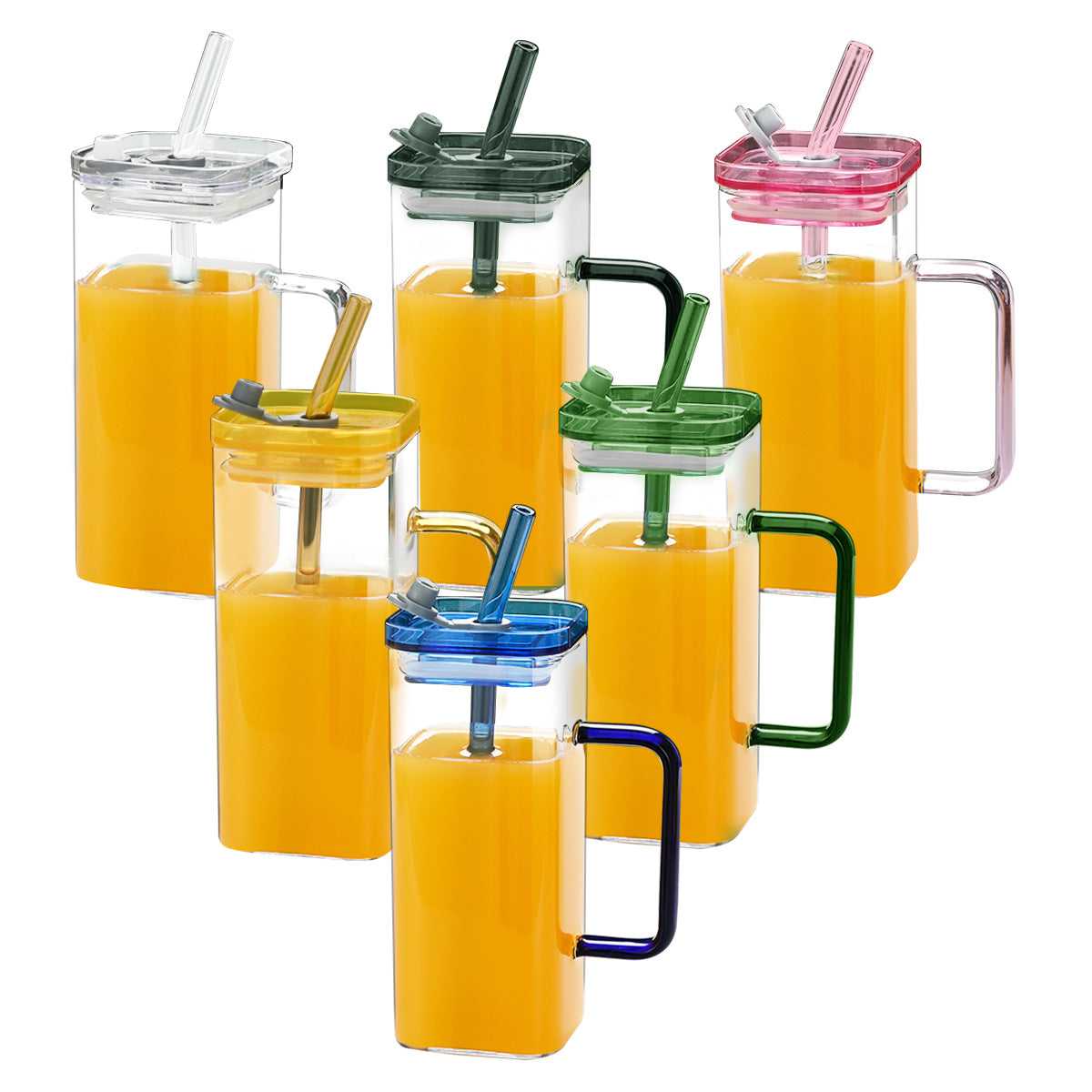 Square glass cup set with lids and straws in yellow, green, blue, and pink