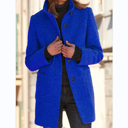 Women's Stand Collar Woolen Coat with Pockets | Casual Winter Jacket Fashion Stand Collar Woolen Coat With Po | Ectron Online