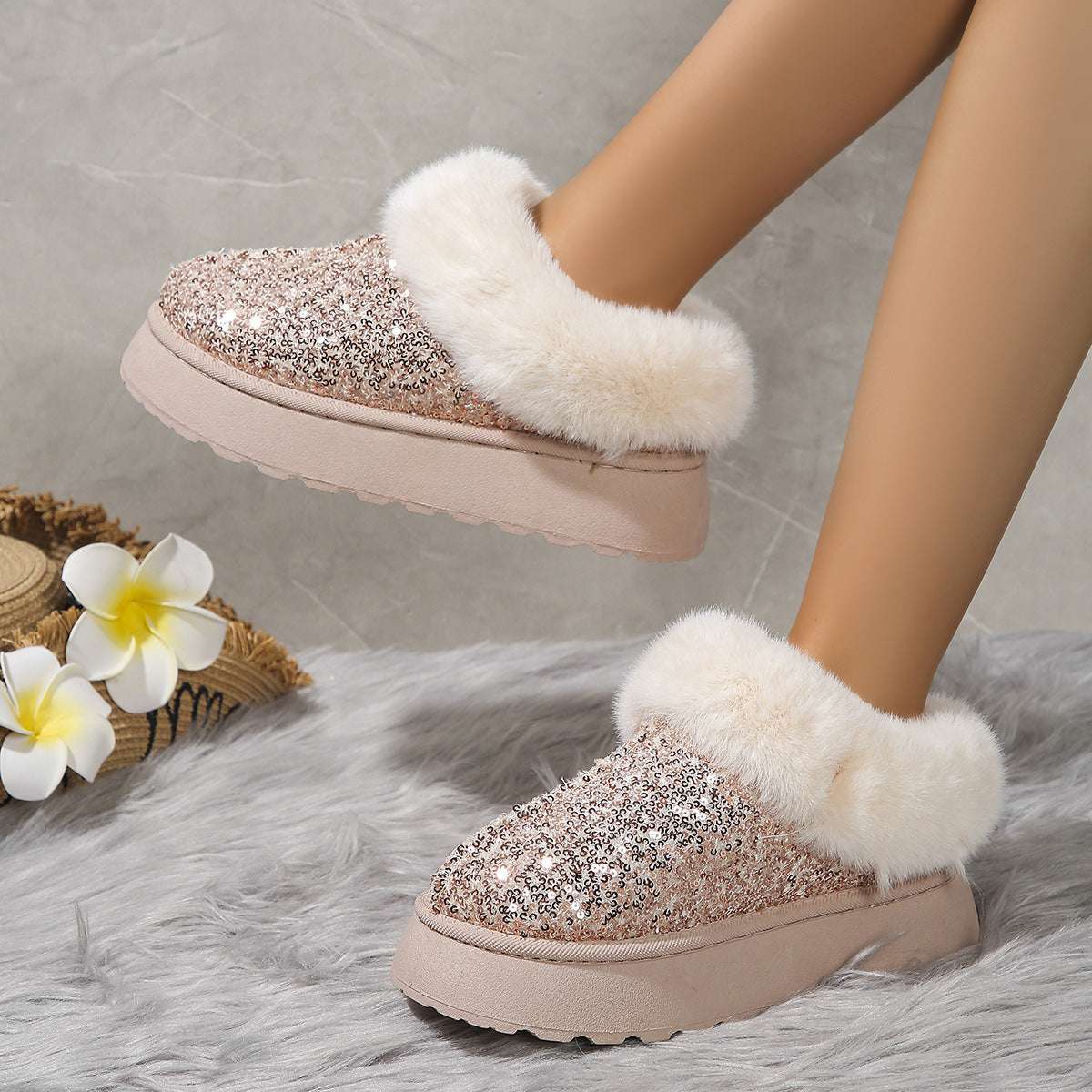 Fashion Sequined Plush Shoes – Thick Sole Warm Winter Slippers Fashion Sequined Thick-soled Plush Shoes | Ectron Online